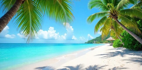 Relaxing beach scene with turquoise water, white sand, and palm trees swaying gently in the breeze Perfect for summer vacation and travel brochures , blue, travel, island