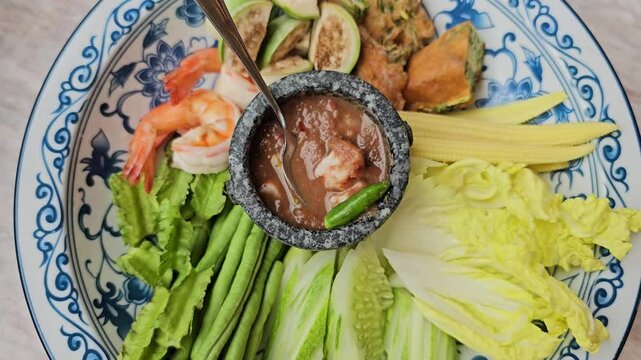 Traditional Thai shrimp chili paste dip with assorted fresh vegetables and herbs on decorative plate. Top view of Asian appetizer platter