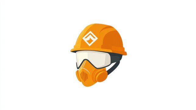 A stylized illustration of an orange hard hat and respirator mask, featuring a white diamond logo on the hat, set against a white background.  The image uses a flat, vector style