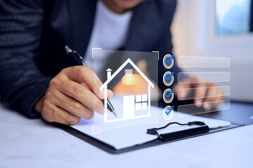 House inspection concept with businessman tick mark and reading house checklist before sign contract for rent and buy the asset
