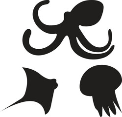 Ocean Life Silhouettes Octopus, Stingray, Jellyfish Vector Art