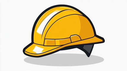 Fototapeta premium A cartoon illustration of a bright yellow hard hat, slightly angled, featuring a reflective stripe and a dark chin strap, cast with a subtle shadow beneath