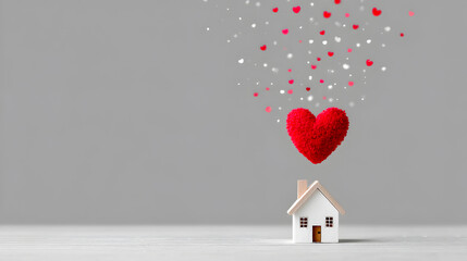 Miniature house with a red heart floating above, surrounded by colorful confetti, symbolizing love and warmth in a cozy home environment. Selective focus