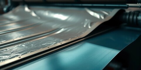 Close-up view of a metallic sheet being processed on an industrial machine, showcasing a sleek, modern manufacturing process