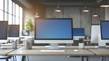 Modern office workspace multiple computers desk