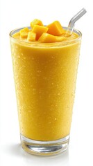 Mango smoothie, rich golden yellow color, smooth and creamy texture. The smoothie surface is glossy with a few fresh mango cubes on top as garnish. 