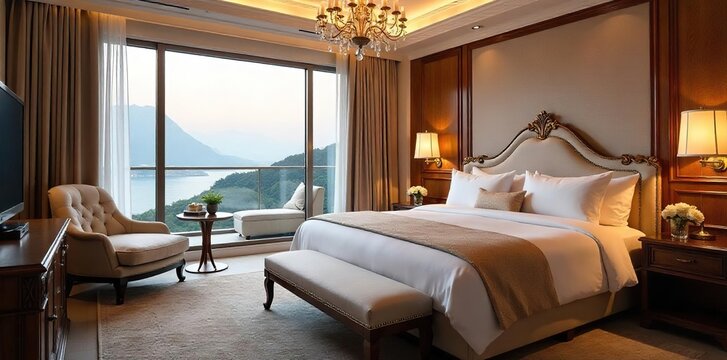 Indulge in opulent comfort Experience the ultimate luxury with plush bedding, shimmering chandeliers, and breathtaking views from a lavish hotel suite Unwind in elegance , vacation, five-star