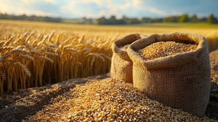 Golden wheat harvest, brimming burlap sacks in a sunlit field.