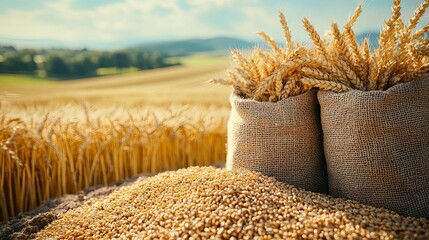 Golden wheat harvest, nestled in burlap sacks, in a sunlit agricultural field.