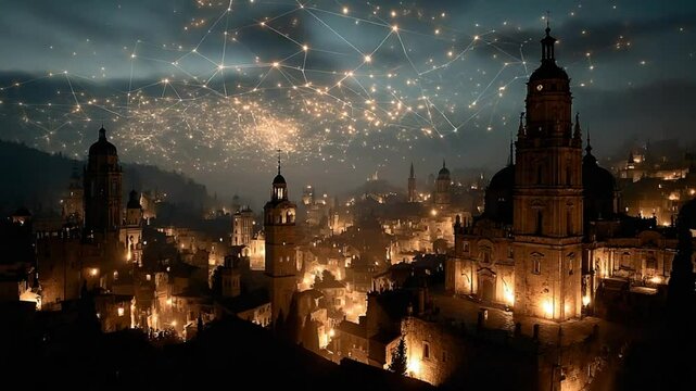 Nighttime cityscape with illuminated buildings and constellation-like patterns overhead