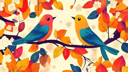 Fototapeta premium Two stylized birds, vibrant teal and orange hues, perched on a branch amidst autumnal leaves and delicate white blossoms, creating a cheerful, romantic scene