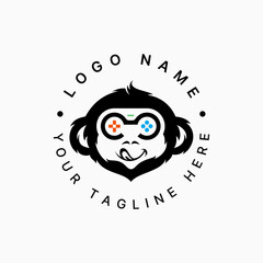 Logo design graphic concept creative premium vector stock image top sell baby monkey head number 3 play button joy stick gaming kids gift animal ape