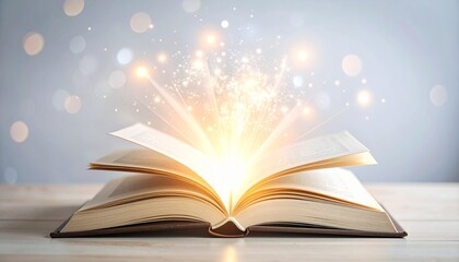 Magical Open Book Glowing with Light and Sparkles on Wooden Table.