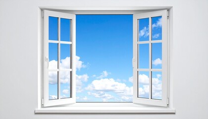 Open Window Bright Blue Sky White Frame Summer Day View.