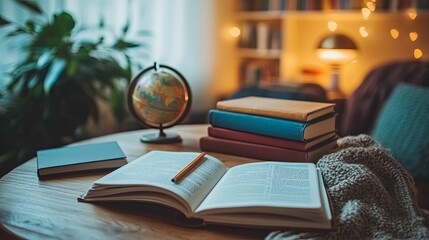 Cozy home study area with books and globe.