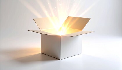 Bright Light Emerging from Open Cardboard Box Surprise Reveal Magic Gift.
