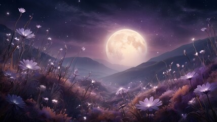 Naklejka premium Fantasy Moonlit Flower Field at Night with Starry Sky - 3D Illustration