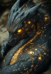 Black and gold mechanical dragon with glowing chains running along its body.