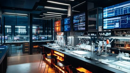Inside a modern, tech-focused laboratory, showcasing complex data and scientific processes. - Powered by Adobe