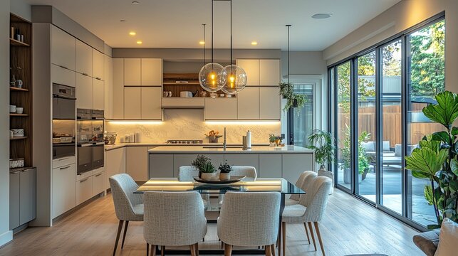 Modern kitchen with a view, open concept dining area. - Powered by Adobe