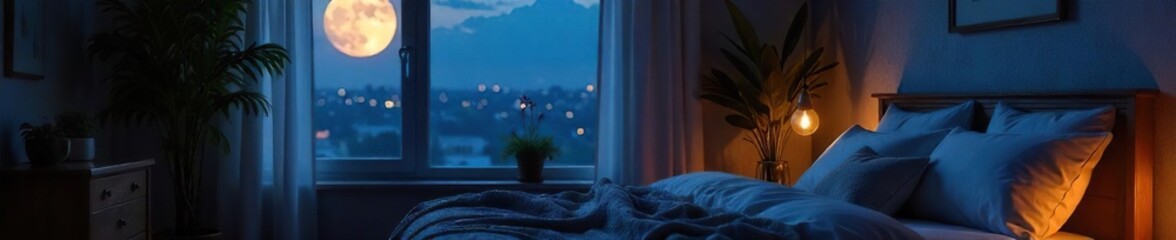 Serene bedroom interior at night, soft glow from moonlit window, calming atmosphere perfect for relaxation and sleep Cozy blankets, plush pillows, and quiet comfort , house, serene, glow