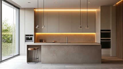 Modern, minimalist kitchen design with warm lighting.