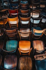 Many wooden chairs, various colors, close-up view