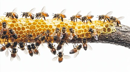 Honeybees cluster on honeycomb attached to a branch.