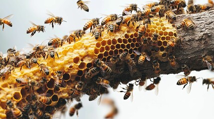Honeybees cluster on a honeycomb affixed to a tree branch.