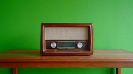 Fototapeta premium Vintage Wooden Radio On Shelf With Small Layer Of Dust Against Bright Green Wall