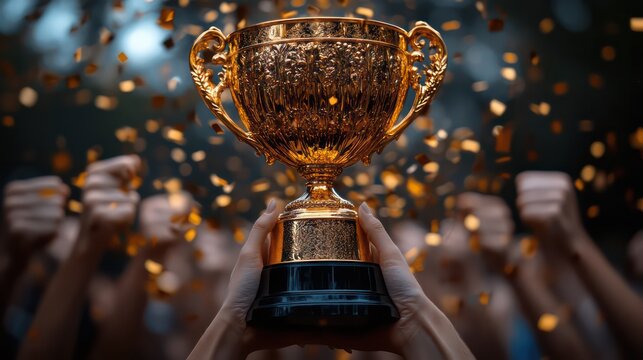 Diverse hands lift a glowing trophy amid confetti, celebrating victory and teamwork.