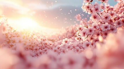 Blossoming cherry tree scene with sunlight and petals