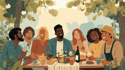 Diverse Group of Friends Sharing a Meal Outdoors Illustration