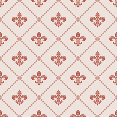 Fleur De Lis square pastel seamless pattern.Symbol royal ornamental Lily or Iris flowers background.Emblem vintage luxury Vector diamond pattern.Design for print fabric,packaging,card,poster,decorate.