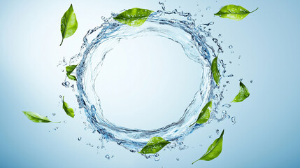 A water droplet with leaves floating in it. The water droplet is surrounded by a circle of leaves