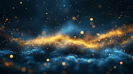 Golden particles suspended in dark nebulae create a celestial landscape.