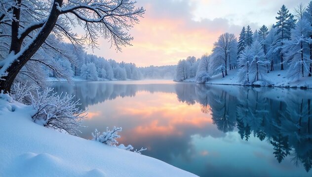 Frozen lake reflecting a winter sky, icy branches, snow-covered ground, crisp air Perfect for winter wonderland, seasonal, holiday, and cold weather themes , christmas, pure