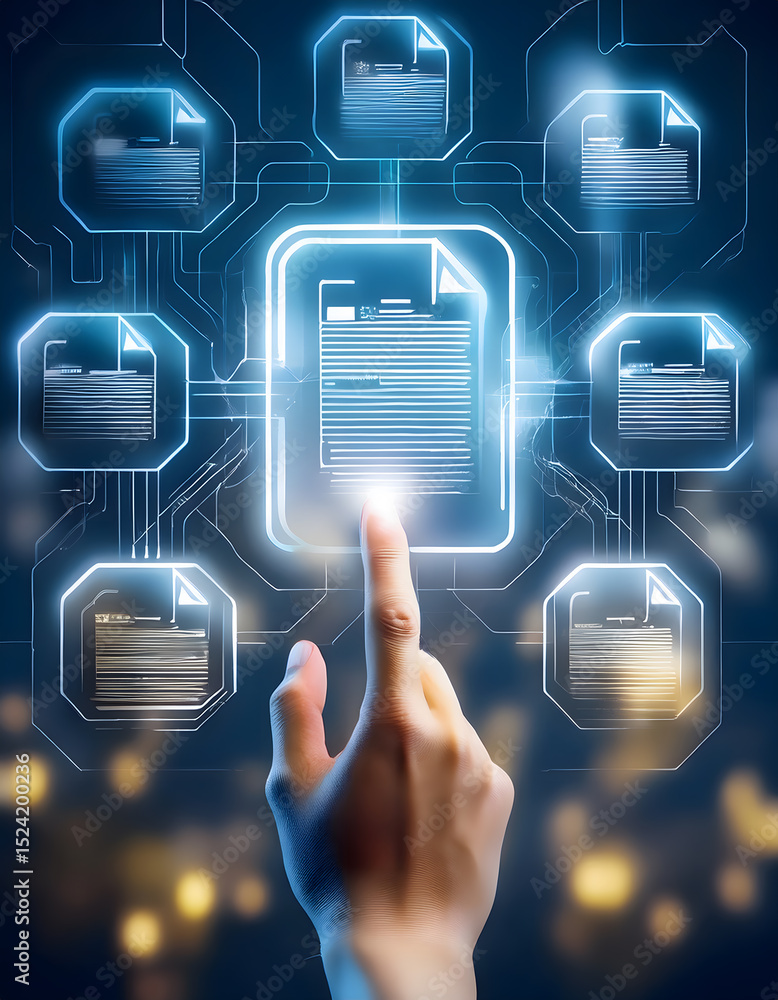 Poster a human hand interacts with a central glowing document icon, surrounded by other document icons and 
