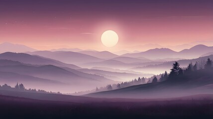 Obraz premium Dreamy Purple Sunrise Over Layered Mountains and Pine Forest in Misty Valley