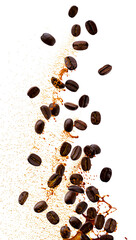 Obraz premium Roasted coffee beans with coffee splashes isolated on a pure white background