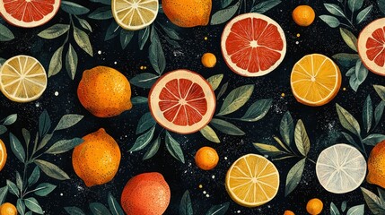 Colorful citrus slices and leaves on a dark background