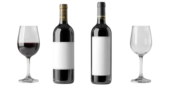 Two bottles of red wine with elegant wine glasses ready for tasting a perfect romantic dinner setting bar pub dark rich menu on transparent background
