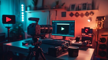 Cozy video production setup in a brightly lit home studio.