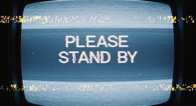 Retro television screen displaying a glitching, pixelated 'Please Stand By' message with static.