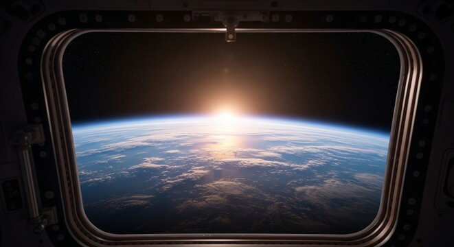 View of sunrise over Earth from spacecraft window with blue planet and starry sky is visible.