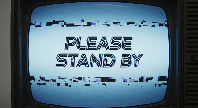 Vintage television screen showing a 'Please Stand By' message with glitching digital artifact. - Powered by Adobe