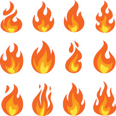 Set of fire flame icons bright burning symbols