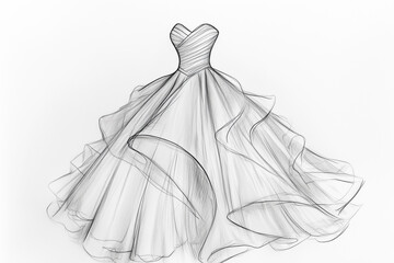 Black and white vintage illustration of a pencil sketch of a woman's wedding dress