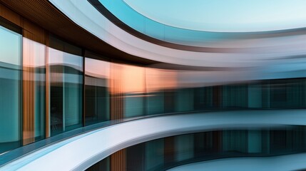 Fototapeta premium Abstract architectural lines and reflections of a modern building captured in soft focus, showcasing dynamic curves and serene colors at sunset.