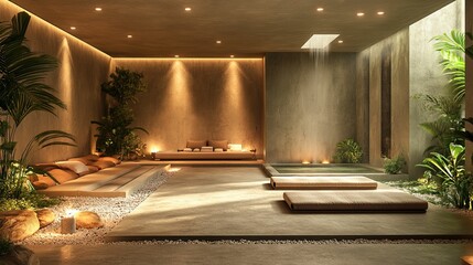 Luxurious indoor spa retreat with cascading waterfall.